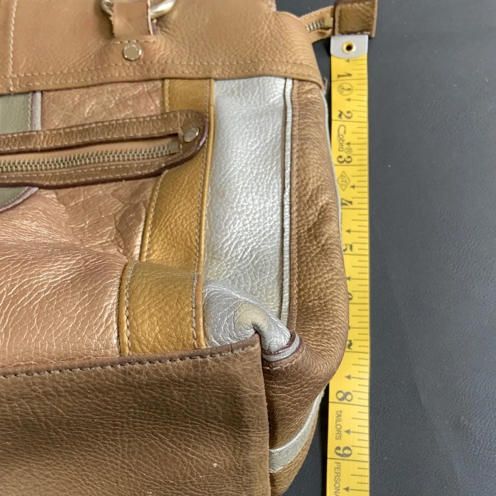 Tignanello Leather Tote Bag Brown Gold Silver Striped Shoulder Bag